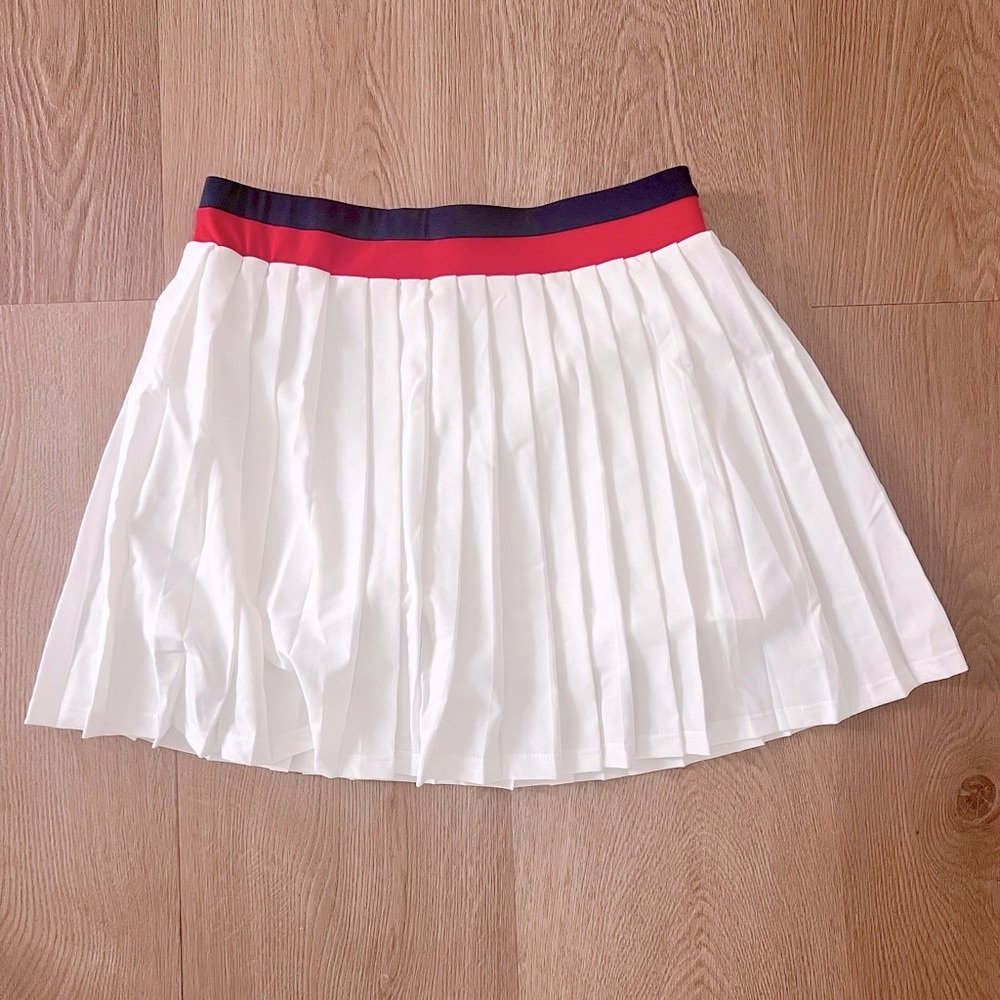 White Pleated Mini Skirt with Red & Navy Waistband